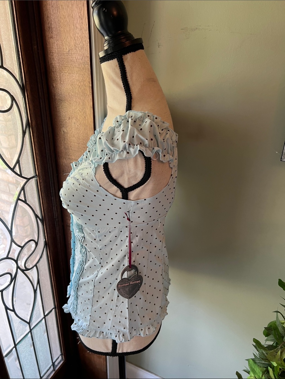 Light Blue Polka Dot Ruffle Button-Up Tank - Picture 3 of 7